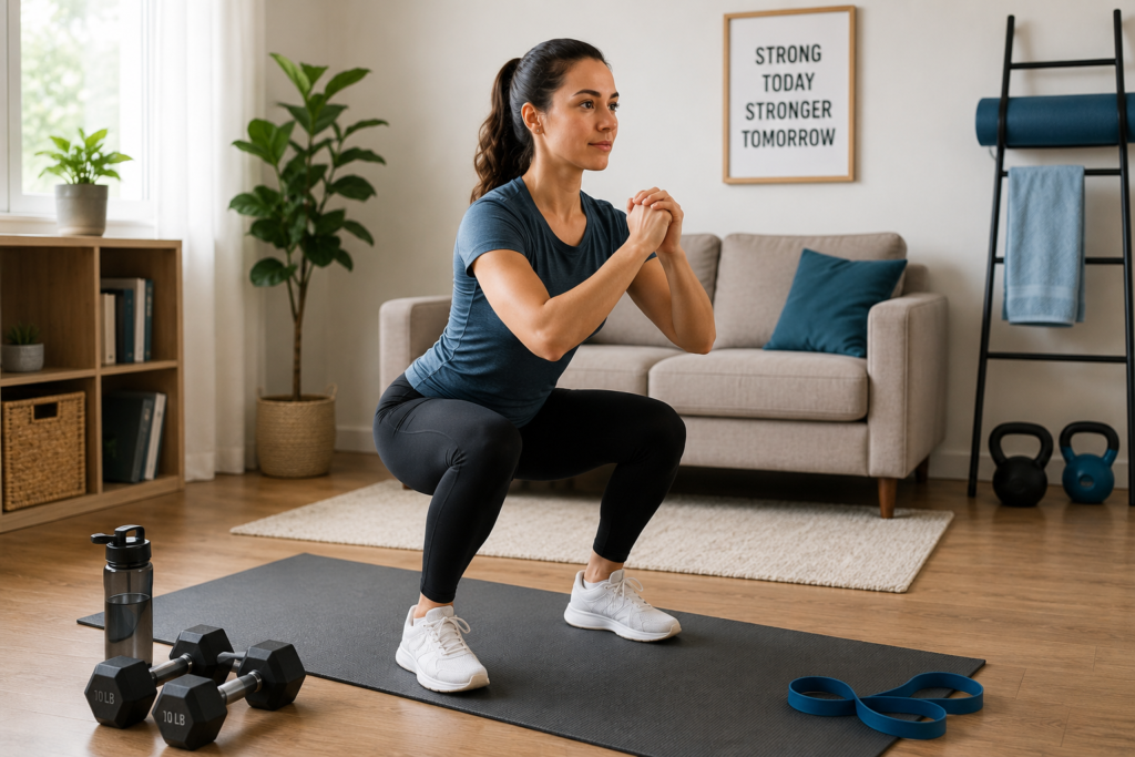 Beginner doing strength training exercises at home