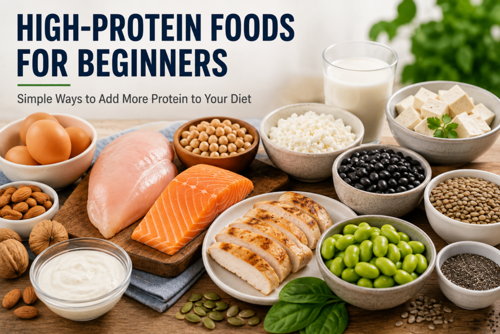 High-protein foods for beginners including eggs, chicken, salmon, beans, lentils, tofu, yogurt and nuts