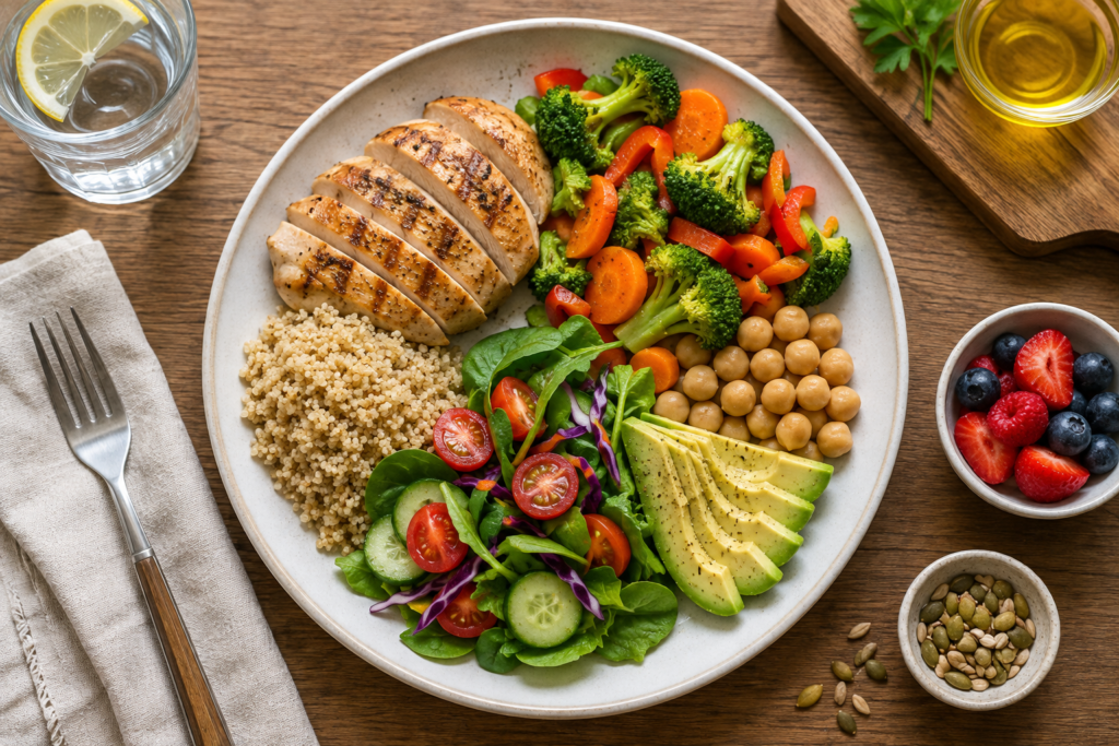 Balanced meal with vegetables, whole grains and protein foods