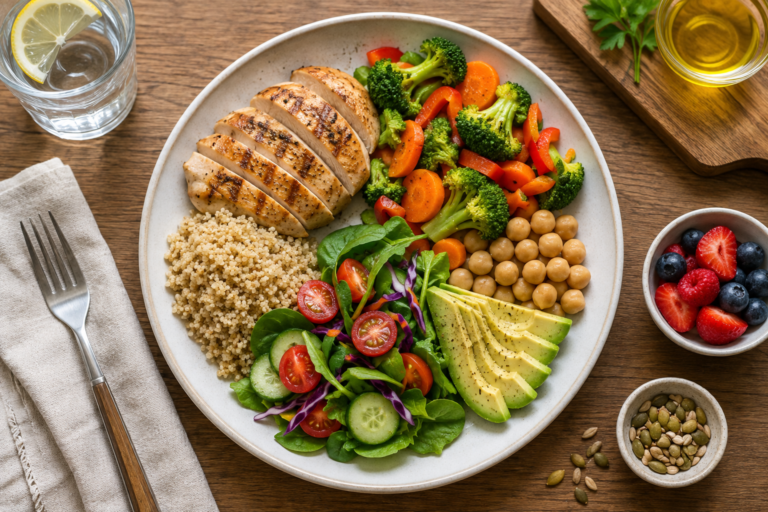 Balanced meal with vegetables, whole grains and protein foods