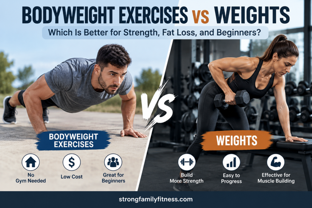 Bodyweight exercises vs weights comparison showing push-ups and dumbbell training