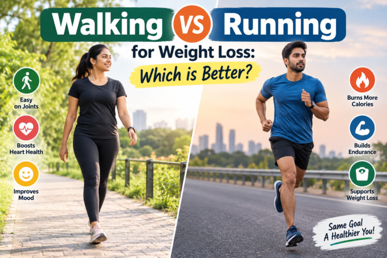 Walking vs running for weight loss comparison showing a woman walking and a man running